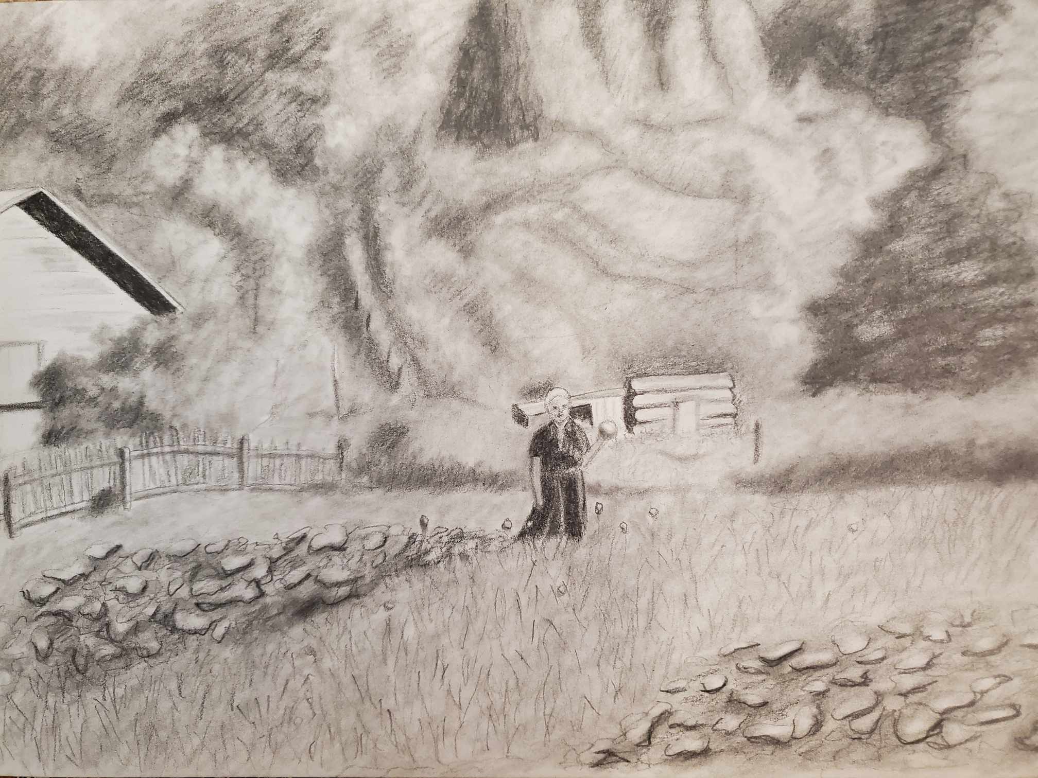 Rustic pencil drawing of person standing in a field with rocks and trees surrounding.